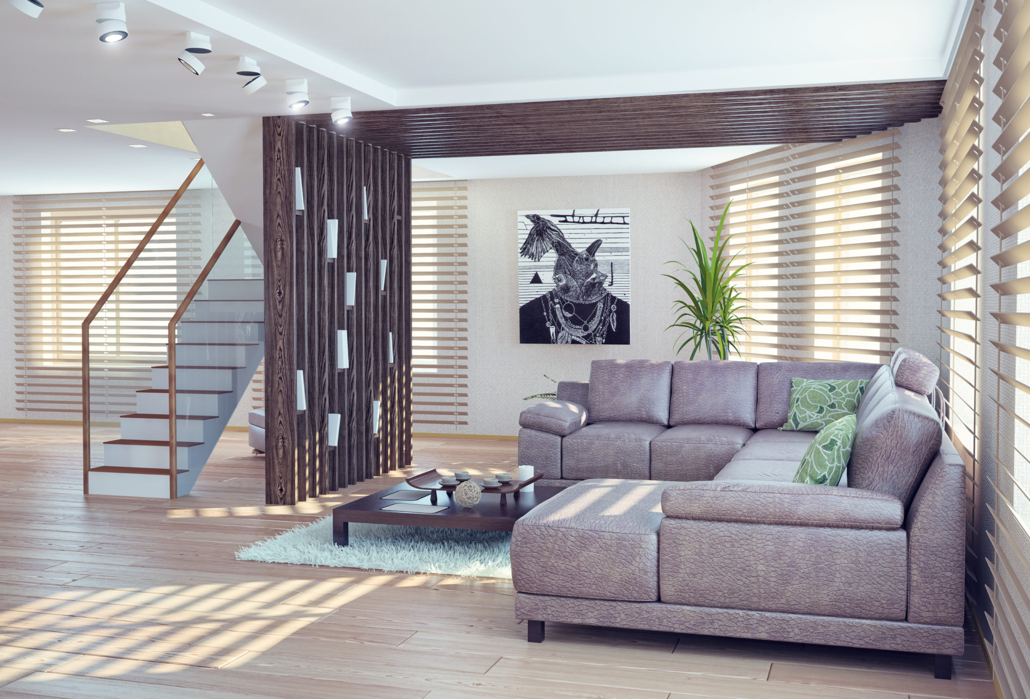 Wood Blinds perfectly frame this modern living room