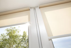 Roller blinds covering two windows installed by Oregon Blinds
