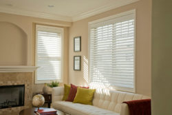 Faux wood blinds allowing the perfect amount of light to enter a living room