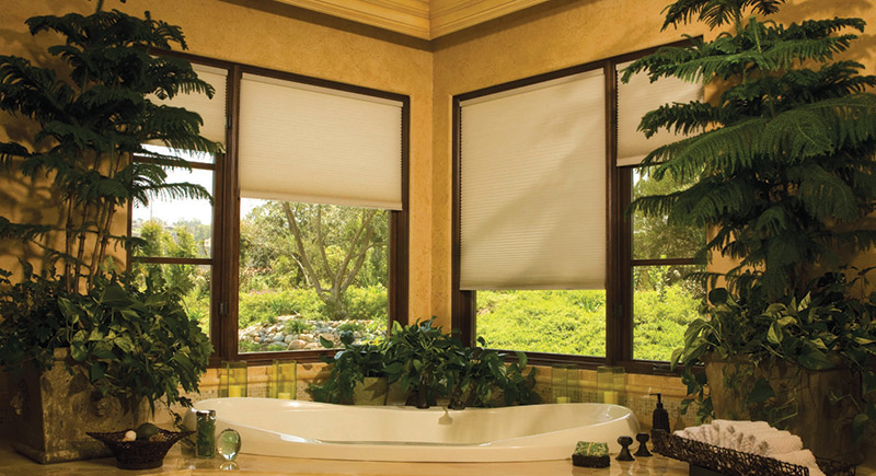 Honeycomb window coverings above this bathtub allow for light or total privacy