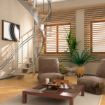 Wood window blinds by Oregon Blinds accent this modern living space with spiral staircase